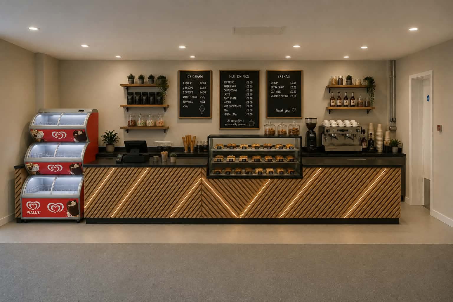 Shakespeare Cafe counter with timber detailing, a cake display and coffee machine